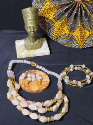 Handmade beaded and painted yellow necklace set with earrings and bracelet